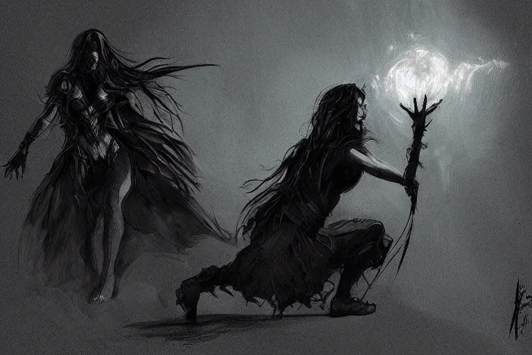 Image similar to the silhouette of the dark sorceress as she bestows her magic upon her disciple, which is kneeling in front of her, concept art, trending on artstatio HD