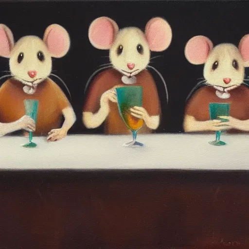 Image similar to Three mice at a pub quiz, oil painting