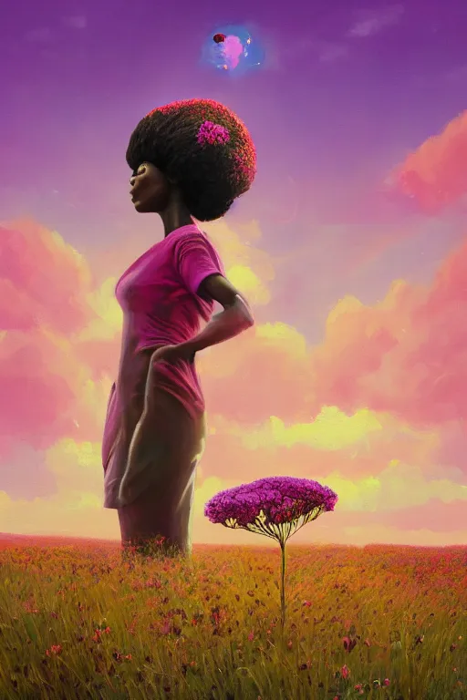 Prompt: closeup, huge flower as head, an african woman in heather field, surreal photography, golden hour, colorful clouds, impressionist painting, digital painting, artstation, simon stalenhag