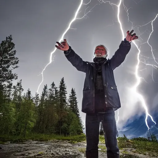 Image similar to Jonas Gahr Støre powering Norwegian village by shooting lightning out of his hands, glowing eye