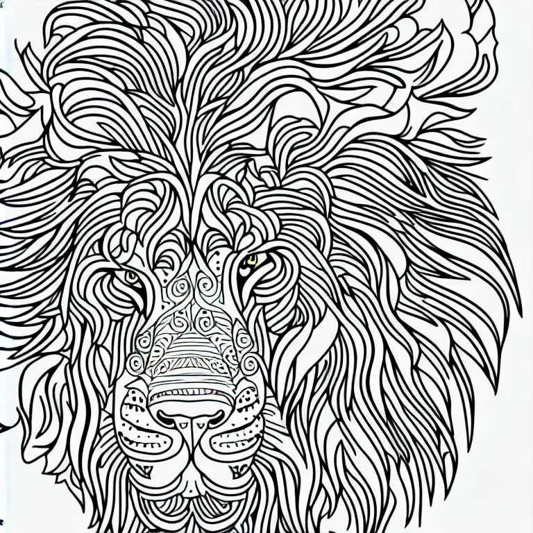 Prompt: beautiful lion, ornamental, fractal, line art, vector, outline, simplified, colouring page