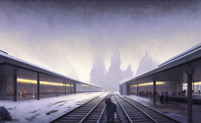 Image similar to painting of a wide angle exterior shot of a white modern futuristic utopian train station with cinematic lighting by peter zumthor and renzo piano, darek zabrocki and greg ruthkowski, alphonse mucha, simon stalenhag and cinematic and blue cold atmospheric, holy place, atmospheric, archillect concept art, artstation, trending on artstation