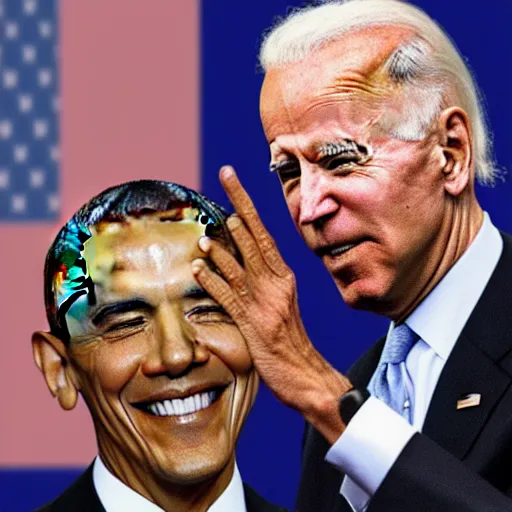 Prompt: barrack obama with his arm inside joe biden using him as a puppet