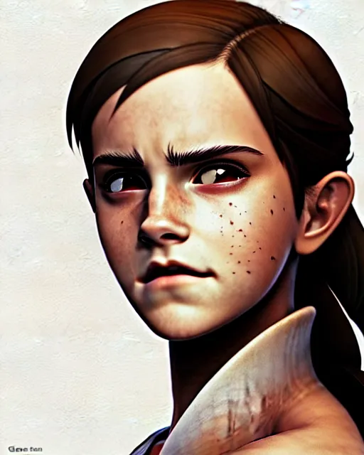 Image similar to emma watson as an azctec warrior, detailed perfect face, exquisite details, fire magic, mid view, design on a white background, by studio muti, greg rutkowski makoto shinkai takashi takeuchi studio ghibli