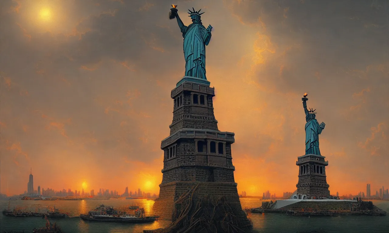 Image similar to statue of liberty with a robot head looking over the harbor, by asher brown durand, trending on artstation, 8 k resolution, red lights, cyberpunk, demonic symbols