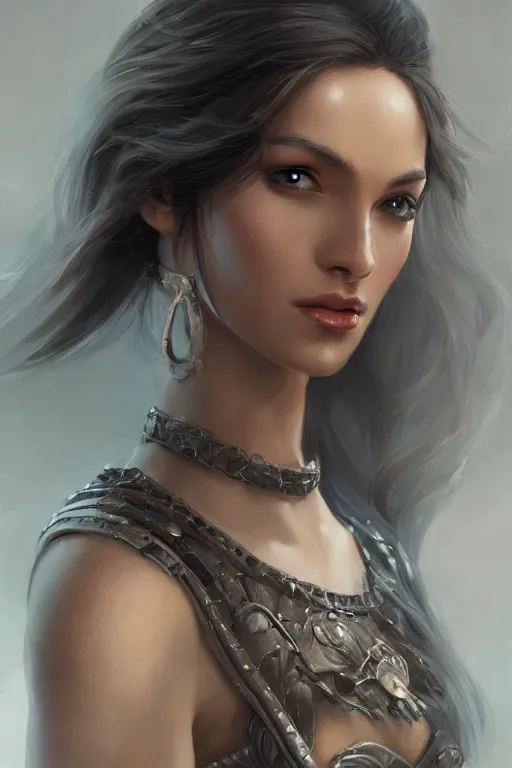 Image similar to three-quarters portrait pose of a beautiful woman, slim body, shining armor, human warrior, fantasy, intricate, elegant, highly detailed, digital painting, artstation, concept art, matte, sharp focus,D&D, illustration, art by Stanley Lau