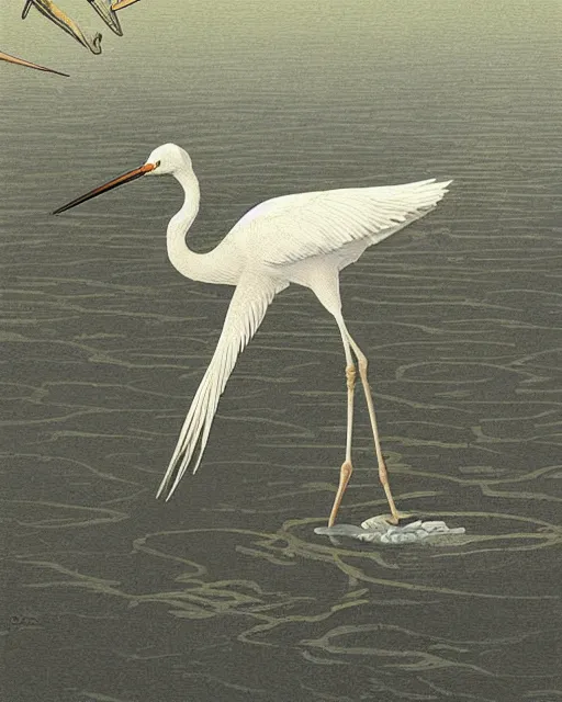 Image similar to a white crane bird hunting in shallow water by abandoned greek architecture, digital art, illustrated by james gurney and victo ngai