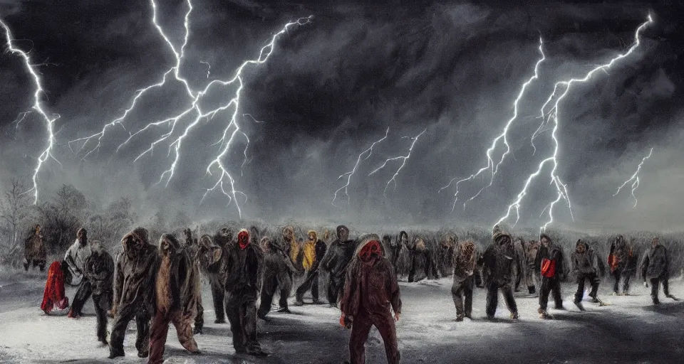 Prompt: slipknot concert, snowy, windy, by eugene von guerard, ivan shishkin, night, lightning!!, storm!, dramatic lighting, concept art, trending on artstation, 8 k