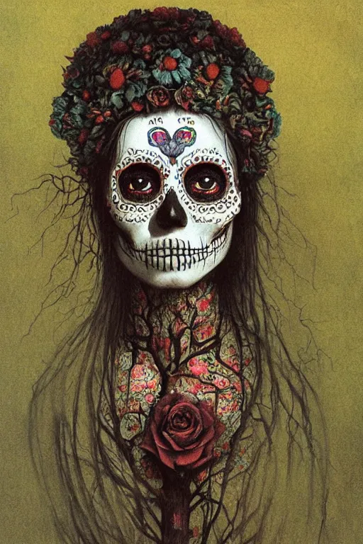 Prompt: Illustration of a sugar skull day of the dead girl, art by Zdzislaw Beksinski