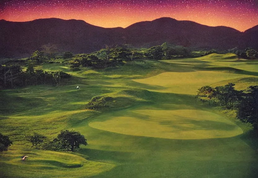 Prompt: birds eye view of a perfect elysian dreamlike green hilly pastoral psychedelic golf course landscape under stars consisting of memory trapped in eternal time, golden hour, dark sky, evening starlight, stone walls, haunted psychedelic Polaroid by Hiroshi Yoshida