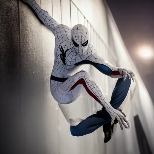 Image similar to white spider - man suit with black web lining, cinematic, volumetric lighting, realistic, hyperdetailed, photorealistic, photograph