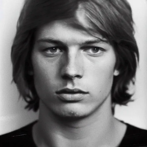 Image similar to Mugshot Portrait of Young David Gilmour, taken in the 1970s, photo taken on a 1970s polaroid camera, grainy, real life, hyperrealistic, ultra realistic, realistic, highly detailed, epic, HD quality, 8k resolution, body and headshot, film still, front facing, front view, headshot and bodyshot, detailed face, very detailed face