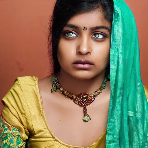 Prompt: close - up view, studio photographic portrait of beautiful indian girl in sari, green or blue eyes, haunting, dynamic lighting