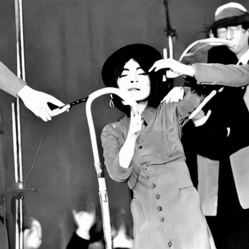 Prompt: Yoko Ono pouring water on a Beatles performance