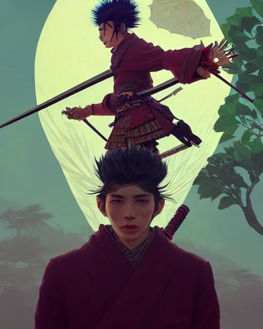 Image similar to highly detailed surreal vfx portrait of a nowpunk samurai, stephen bliss, unreal engine, greg rutkowski, loish, rhads, beeple, makoto shinkai and lois van baarle, ilya kuvshinov, rossdraws, tom bagshaw, alphonse mucha, global illumination, detailed and intricate environment