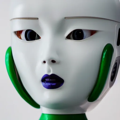 Image similar to minimalist photography portrait of a female porcelain robot, symmetrical, super close up, mid thirties, cute round green slanted eyes, white porcelain skin, wide nostrils, chubby cheeks, high flat eyebrows, black pistons, bjork, ethereal essence, angelic, leica 1 0 0 mm f 0. 8