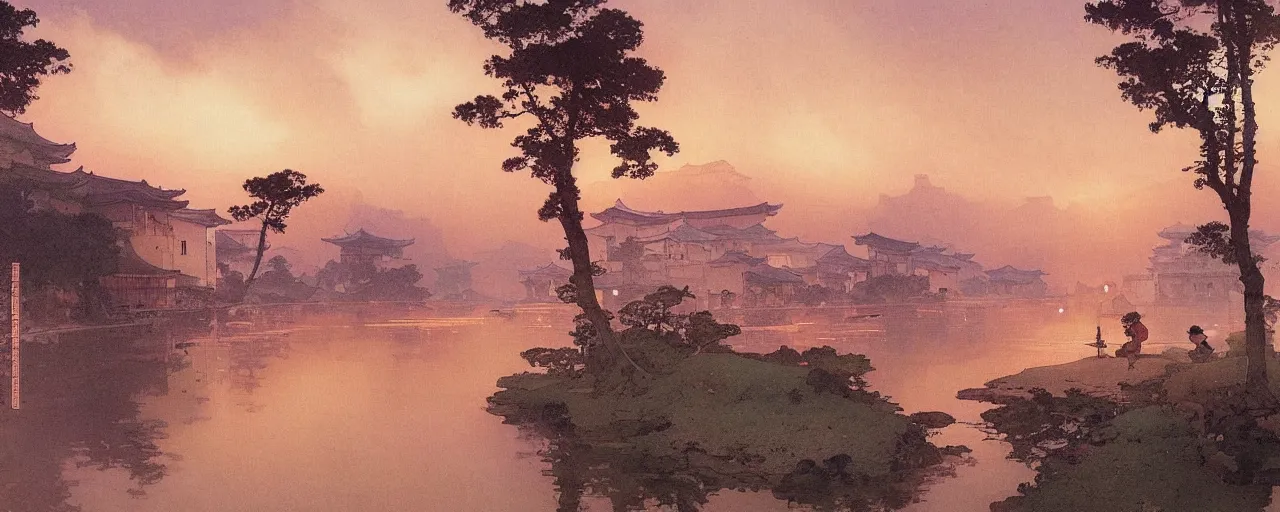 Image similar to a beautiful painting of an ancient japanese town nearby a small river in the evening by alfons maria mucha and ivan aivazovsky, ultra detailed, volumetric lighting, pink vibe