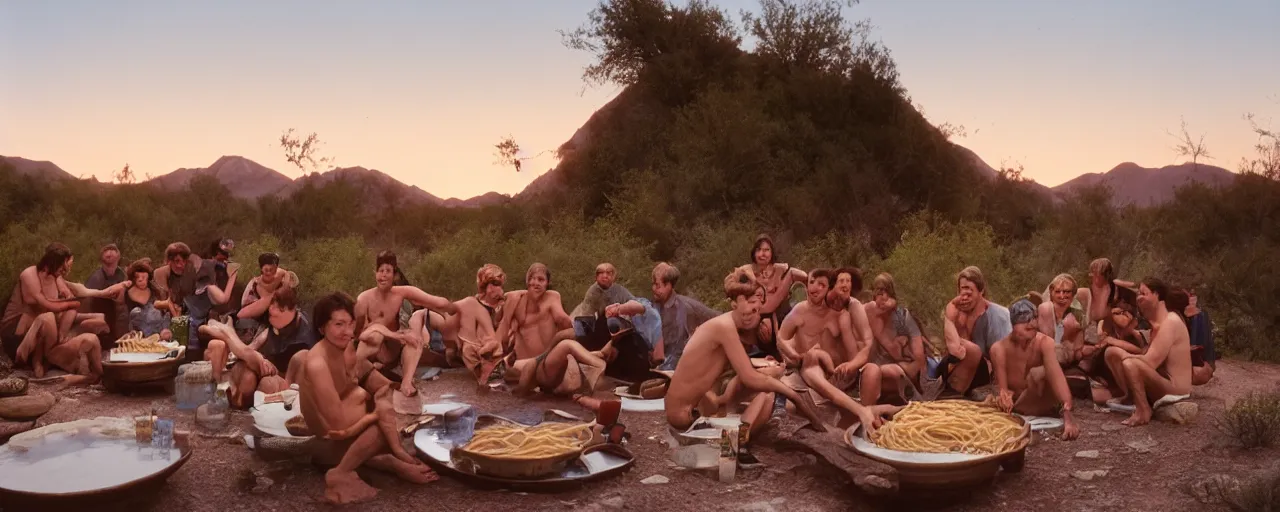 Image similar to group at a natural hot springs eating spaghetti, desert, sunset, kodachrome, in the style of wes anderson