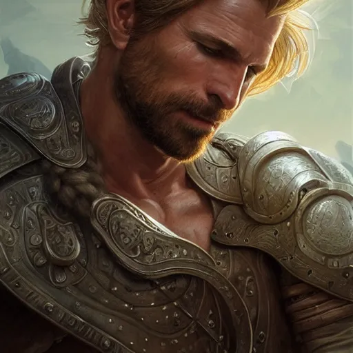 Image similar to portrait of a ruggedly handsome paladin, soft hair, muscular, half body, leather, hairy, d & d, fantasy, intricate, elegant, highly detailed, digital painting, artstation, concept art, smooth, sharp focus, illustration, art by artgerm and greg rutkowski and alphonse mucha