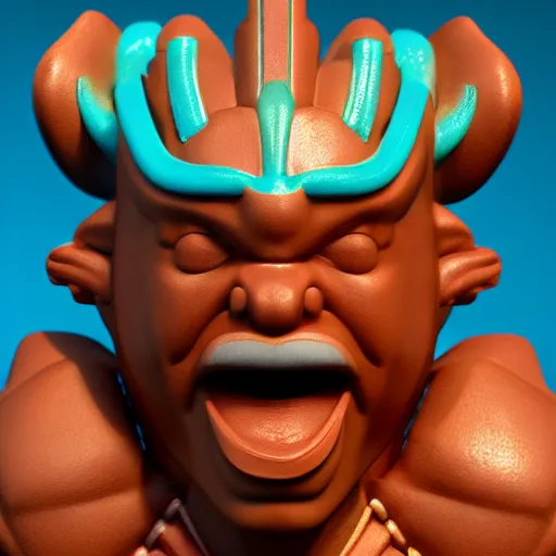 Prompt: closeup headshot 3 d toy maori god as funco toy, plastic, sss, octane 4 k render, studio lighting, artstation, cyan photographic backdrop, 1 0 5 mm, f 2. 8 aperture