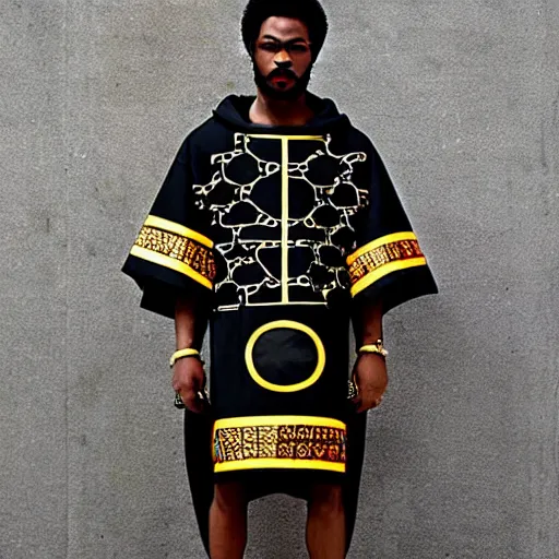 Image similar to black african american afro wearing gucci versace intricate textile chiton himation cloak tunic detailed design japanese kanji streetwear cyberpunk modern fashion