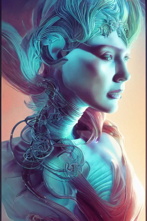 Prompt: dreamy poltergeist fused with calibos, android goddess, elegant ornate body pattern, portrait, intricate details, by vincent di fate, artgerm, julie bell, beeple and Greg Rutkowski, 90s, concept, Smooth gradients, octane render, 8k, High contrast, duo tone, depth of field, very coherent symmetrical artwork