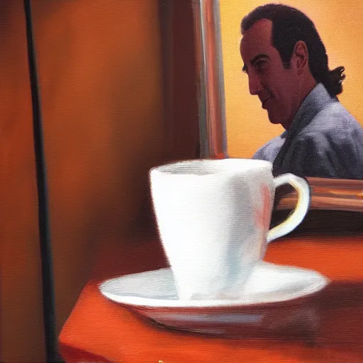 Prompt: coffee cup with an oil painting of jerry seinfeld, studio lighting, 4 k