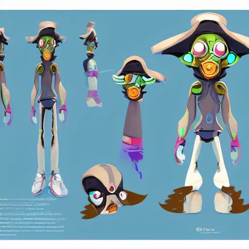 Image similar to character design sheets for a mantaray character who sells spray paint cans and has a sculpting gig on the side, designed by splatoon nintendo, inspired by tim shafer psychonauts 2 by double fine, cgi, professional design, gaming