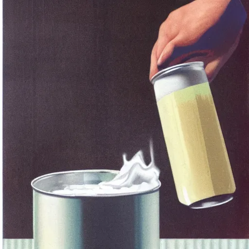 Image similar to an aluminum can being poured out out, pouring white liquid, pouring milk. advertisement, canned milk