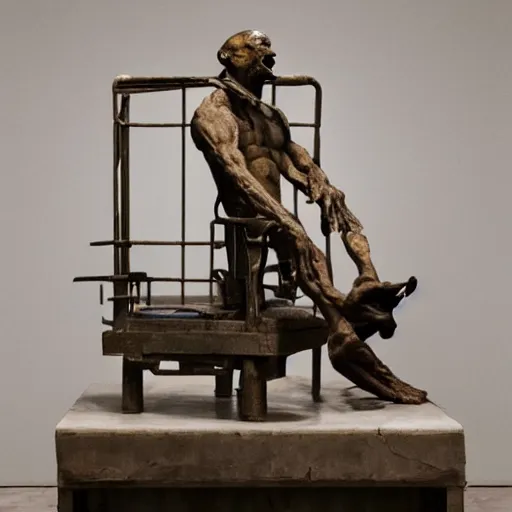 Image similar to hyperrealistic sculpture of a fossilized bronze chinese prisoner on an operating table in a cage on a pedestal, surrounded by surgeons, by duane hanson and lee bontecou and giacometti, patina, hyperrealistic dramatic colored lighting trending on artstation 8 k