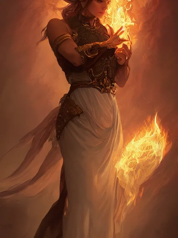 Image similar to young summoner with a fire elemental, fantasy, man, intricate, elegant, highly detailed, digital painting, artstation, concept art, wallpaper, smooth, sharp focus, illustration, art by artgerm and greg rutkowski and alphonse mucha