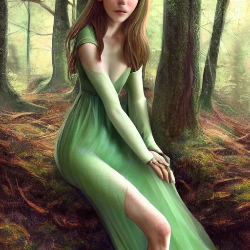 Prompt: a realistic portrait of a realistic female elf with a long withe and light green dress in the woods , perfect and hyperrealistic ultra detailed face, by WLOP