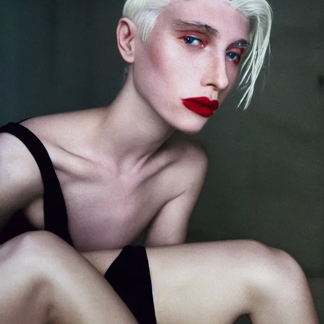 Image similar to a color photograph of a non binary model, platinum blonde, by nan goldin, intense, bold, hyperrealistic, ultra sharp, extra details, ultra high quality, trending on pinteresst