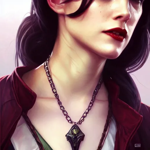 Prompt: beautiful Rosemarie Hathaway from Vampire Academy movie character as GTA character, vampires fantasy, closeup, D&D, intricate, elegant, highly detailed, digital painting, artstation, concept art, matte, sharp focus, illustration, art by Artgerm and Greg Rutkowski and Alphonse Mucha