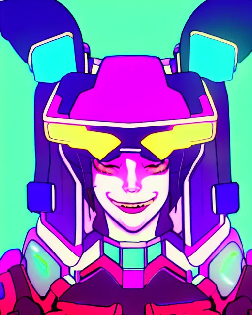 Prompt: chromatic aberration, drawing of d. va from overwatch, retro, vintage, cool, unique, interesting, original, vhs quality, adult swim, graphic