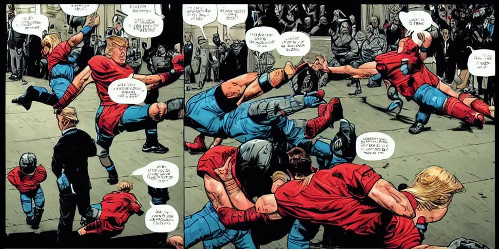 Image similar to Reagan teaching Trump how to block kicks. Epic painting by James Gurney and (Laurie Greasley).