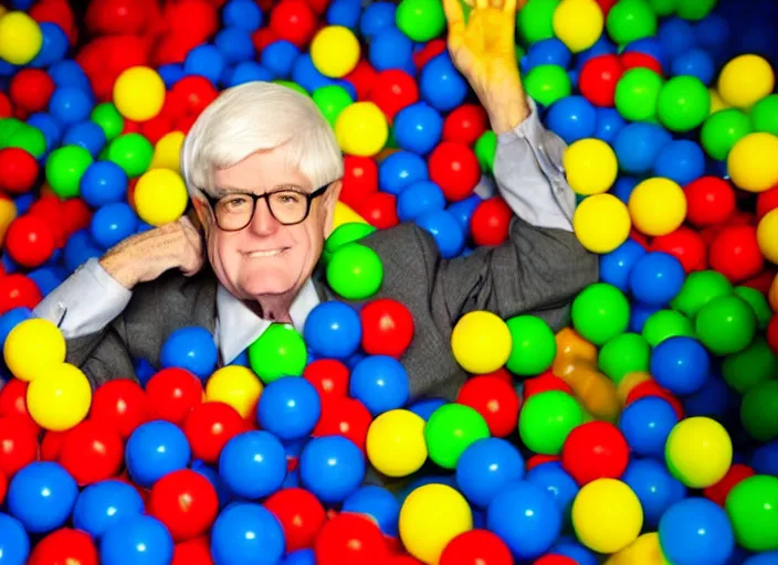 Image similar to photo still of phil donahue in a ball pit!!!!!!!! at age 6 6 years old 6 6 years of age!!!!!!!! hiding from parents, 8 k, 8 5 mm f 1. 8, studio lighting, rim light, right side key light