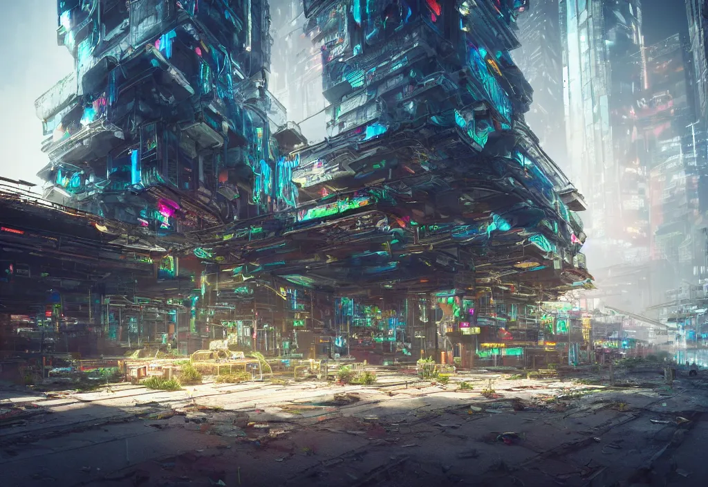 Image similar to A highly detailed crisp unreal engine render of A beautiful futuristic cyberpunk cybertech abandoned building with neon like plants, perfect well made rainbow on the sky, sunlight breaking through clouds, debris on the ground, abandoned machines by wangchen-cg, 王琛,Neil blevins, artstation