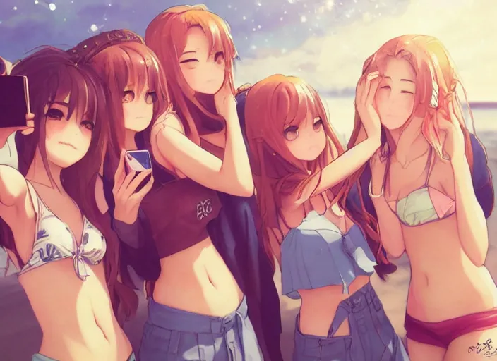 Prompt: polaroid of 4 anime girls taking a selfie on the beach, slice of life, finely detailed features, golden hour, perfect art, trending on pivix fanbox, art by rossdraws, wlop, artgerm.