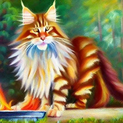 Image similar to beautiful impressionist painting of an ginger maine coon with a white beard cooking some sausages on a pan