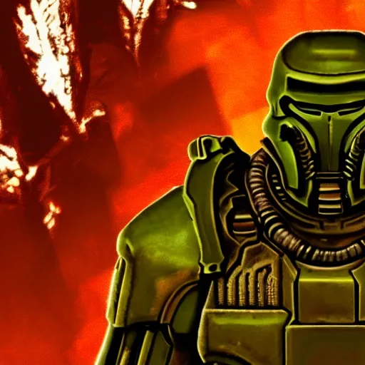 Image similar to doomguy from doom 2, photography