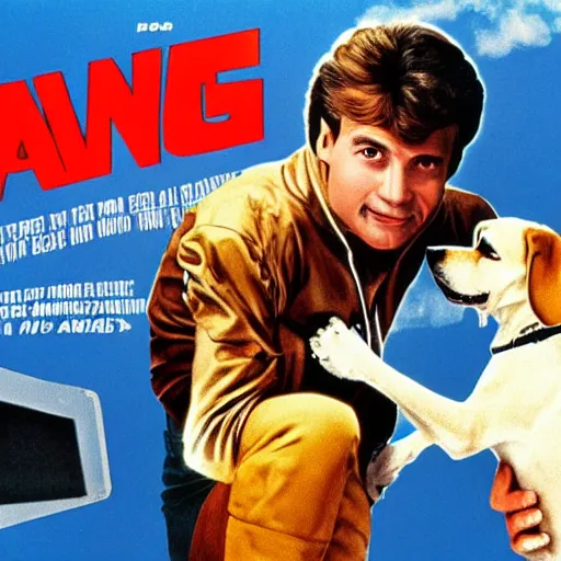 Image similar to a 8 0's movie poster about a guy and his dog. they are pilots it's called wing and a paw