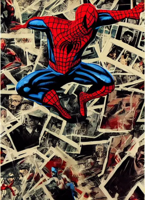 Image similar to j jonah jameson holding pictures of spider - man, angry, screaming, pictures flying, painting by phil hale, fransico goya,'action lines '!!!, graphic style, visible brushstrokes, motion blur, blurry, visible paint texture, crisp hd image