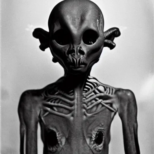 Image similar to portrait of alien beings from the 1920s, 85mm, by Diane Arbus, black and white, bokeh