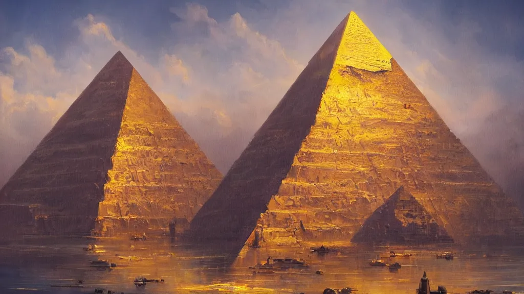 Image similar to Trending on artstation, beautiful pyramid with golden tip surrounded by modern high-tech city, detailed matte painting, oil on canvas