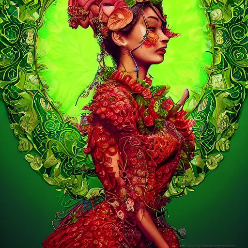 Prompt: the portrait of an absurdly beautiful, graceful, elegant, sophisticated, fashionable ethnic woman made of strawberries and green petals looking up, an ultrafine hyperdetailed illustration by kim jung gi, irakli nadar, intricate linework, bright colors, octopath traveler, final fantasy, unreal engine 5 highly rendered, global illumination, radiant light, detailed and intricate environment