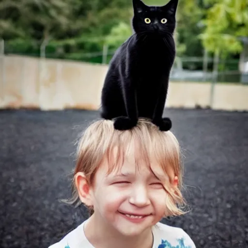 Prompt: a black cat standing on top of a child's face and licking them
