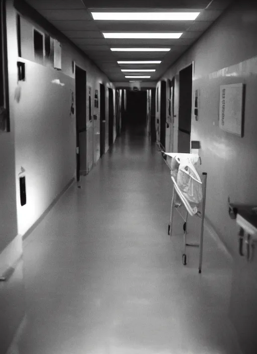 Image similar to hospital hallway with a devilish demon at the end, back rooms, liminal horror, uncanny valley, found footage horror movie, shot on expired kodak tri - x film, extremely unsettling
