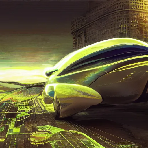 Image similar to solarpunk hovercar, clean energy, green technology, batoidea shape, airspace, sunny day, futurism, intricate, engines, glow, highly detailed, peaceful, utopia, bright, digital painting, artstation, concept art, smooth, sharp focus, epic landscape, art by akihiko yoshida and tim mcburnie and anato finnstark