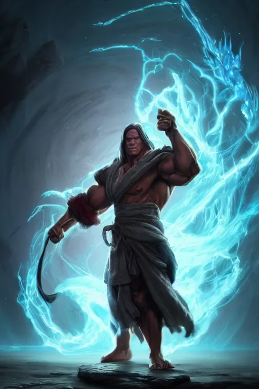 Image similar to full body portrait of john cena as a buff sorcerer casting a magical spell, tattered robe, by wlop and peter mohrbacher, dramatic action pose, extremely detailed shading, sharply focused, concept art, digital painting, trending on artstation, unreal engine 5, octane render, atmosphere, glow, cinematic lighting, full of color